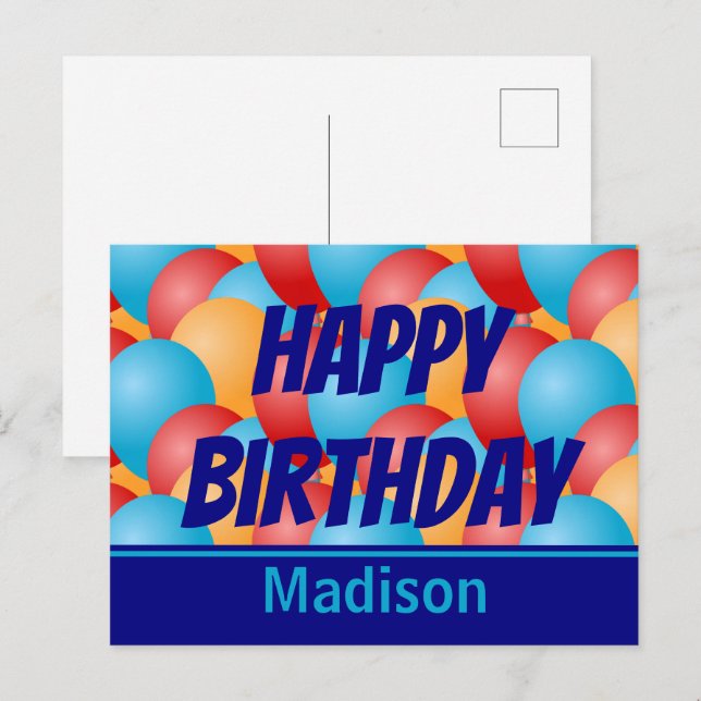 Happy Birthday Blue Yellow Red Balloons & Name Postcard (Front/Back)
