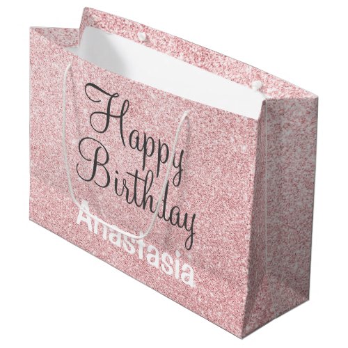 Happy Birthday Blush Pink Rose Gold Glitter Name Large Gift Bag