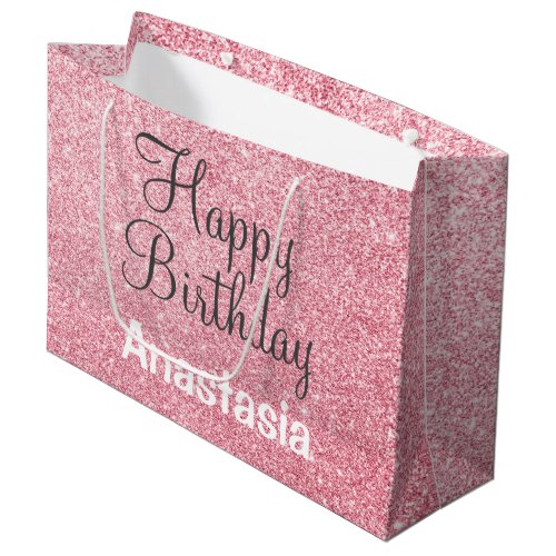 Happy Birthday Blush Pink Rose Gold Glitter Name Large Gift Bag