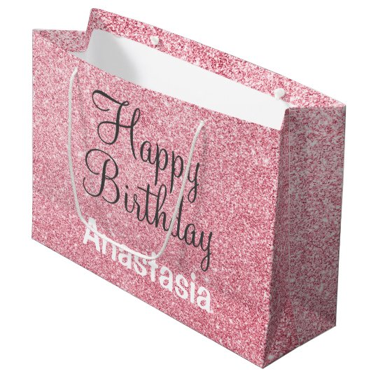 Happy Birthday Blush Pink Rose Gold Glitter Name Large Gift Bag