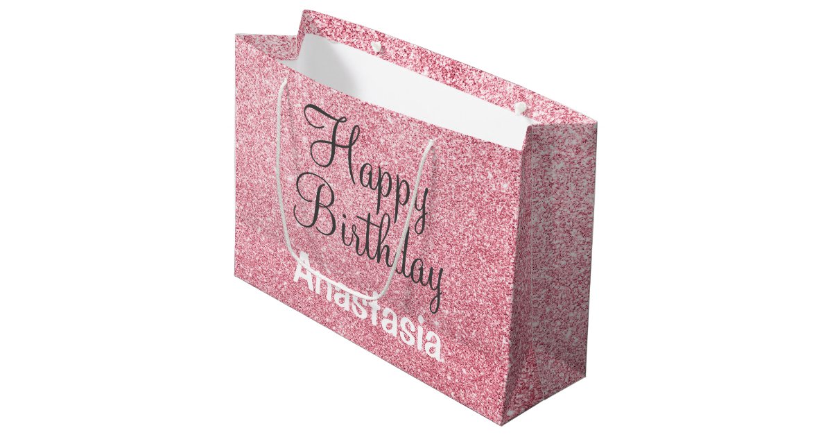 Happy Birthday Blush Pink Rose Gold Glitter Name Large Gift Bag