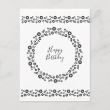Happy Birthday Boho Chic Black White Floral Wreath