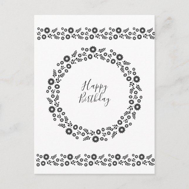 Happy Birthday Boho Chic Black White Floral Wreath Postcard (Front)