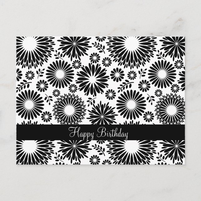 Happy Birthday Boho Chic Black White Folk Flowers Postcard (Front)