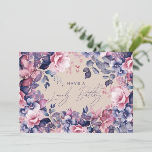 Happy Birthday Boho Purple Garden Floral Champagne Card