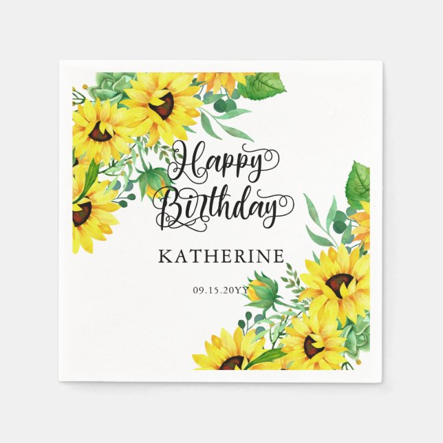 Happy Birthday Boho Sunflowers | Eucalyptus Napkins (Front)