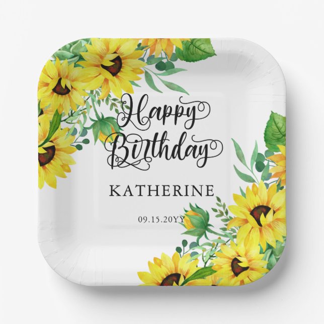 Happy Birthday Boho Sunflowers | Eucalyptus  Paper Plates (Front)