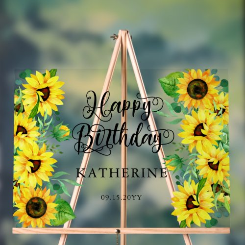 Happy Birthday Boho Sunflowers  Eucalyptus Party Acrylic Sign