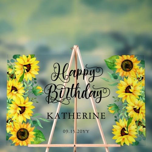 Happy Birthday Boho Sunflowers  Eucalyptus Party Acrylic Sign