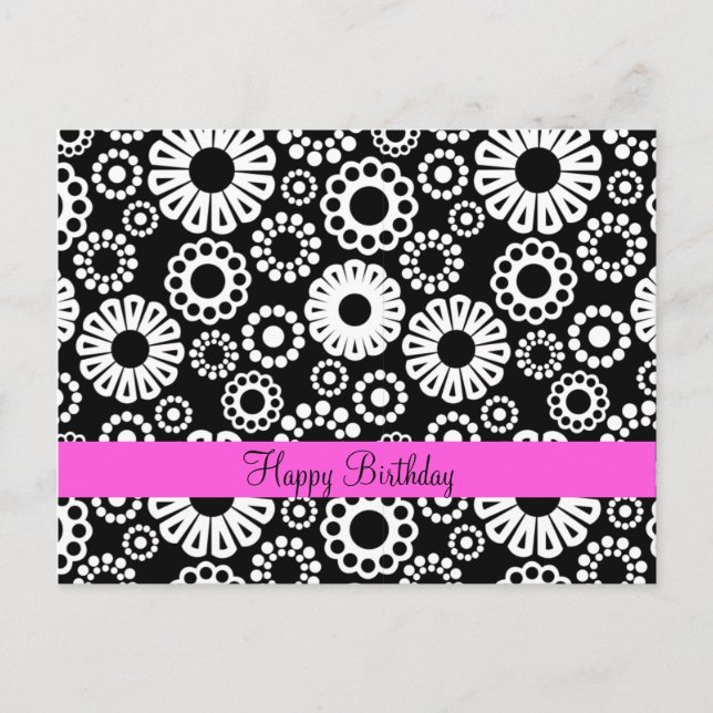 Happy Birthday Bold Black White Retro Flower  Postcard (Front)