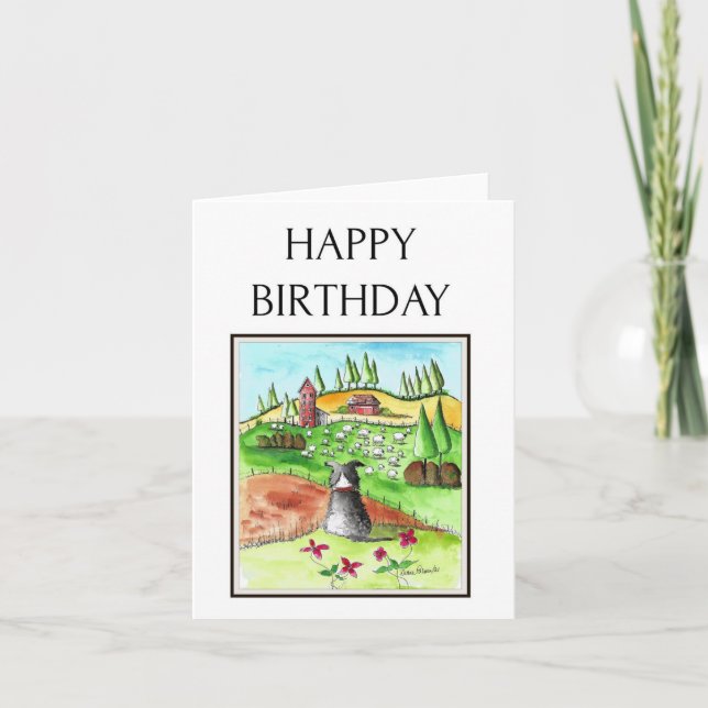 Happy Birthday, Border Collie, Sheep, Farm Art Card (Front)