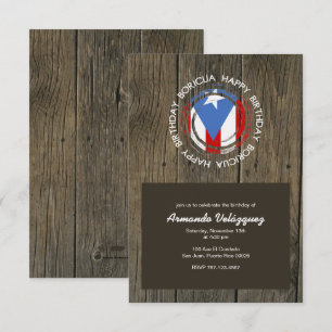 Happy Birthday Boricua Theme on Rustic Wood Invitation