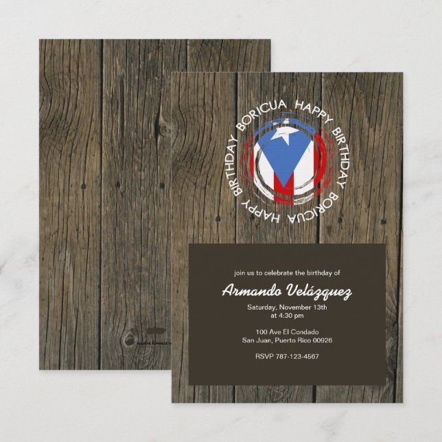 Happy Birthday Boricua Theme on Rustic Wood Invitation (Front/Back)
