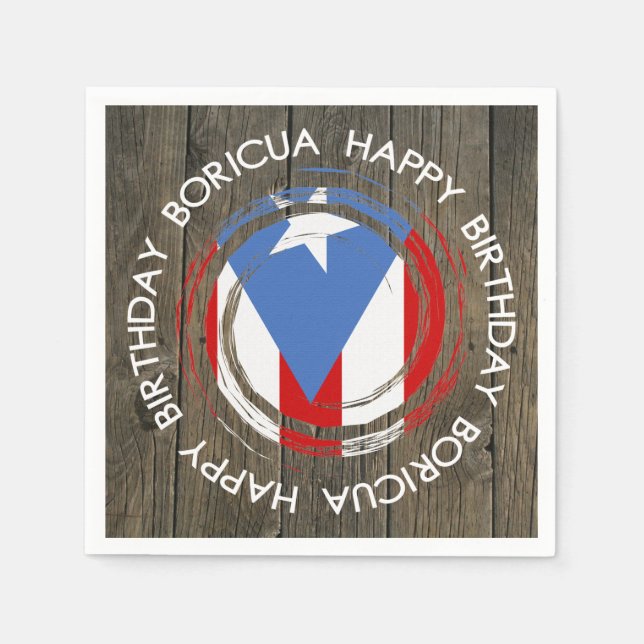 Happy Birthday Boricua Theme on Rustic Wood Napkins (Front)