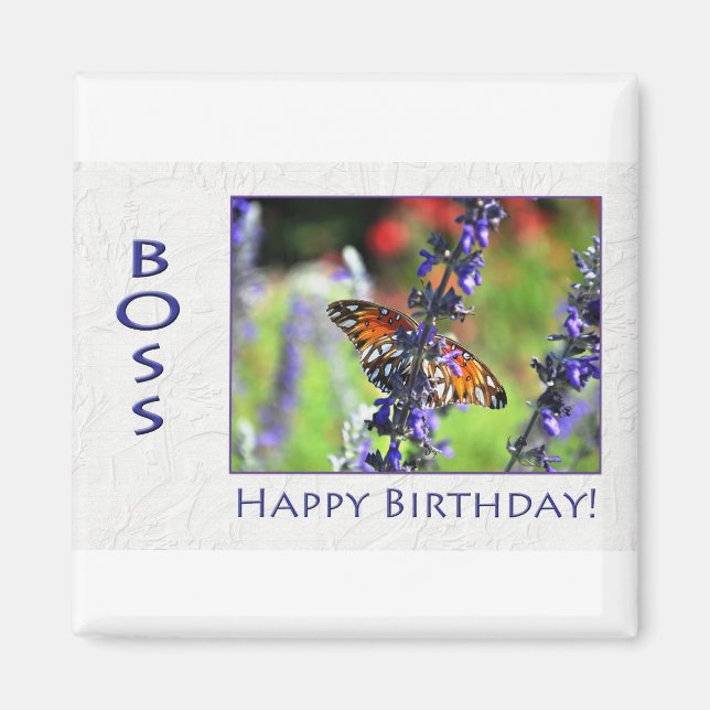Happy Birthday Boss Flowers and Butterflies Magnet (Front)