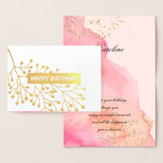 Happy Birthday. Botanical Pink Peach Watercolor Foil Card