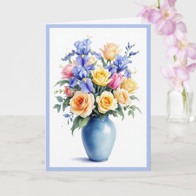 Happy Birthday Bouquet of Daffodils Roses & Tulips Card (Orchid)