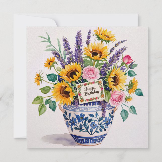 Happy birthday & bouquet of flowers  holiday card (Front)