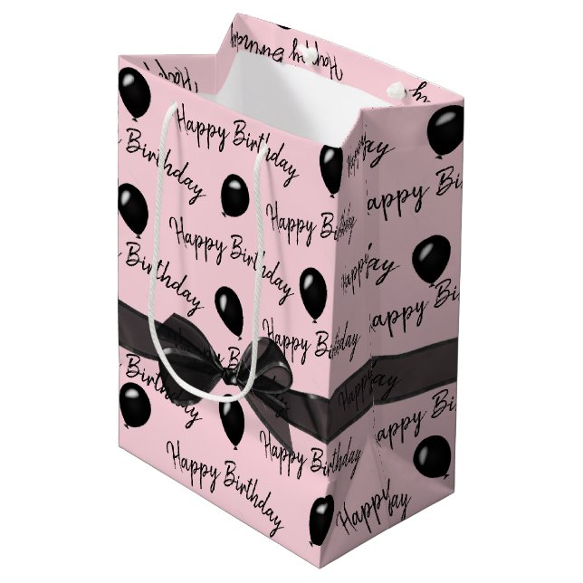 Happy Birthday Bow and Black Balloons  Medium Gift Bag (Front Angled)