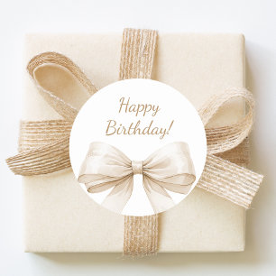 Happy Birthday Bow Cream Beige elegant Classic Round Sticker