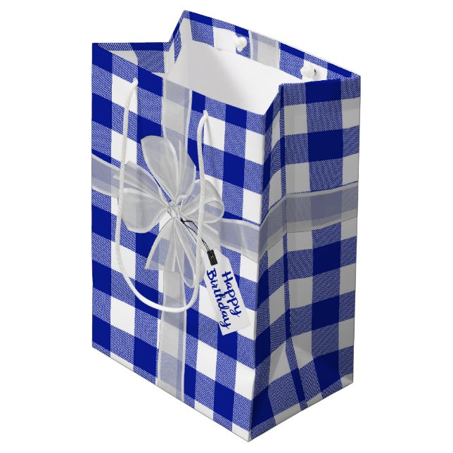 Happy Birthday Bow On Plaid Medium Gift Bag (Front Angled)