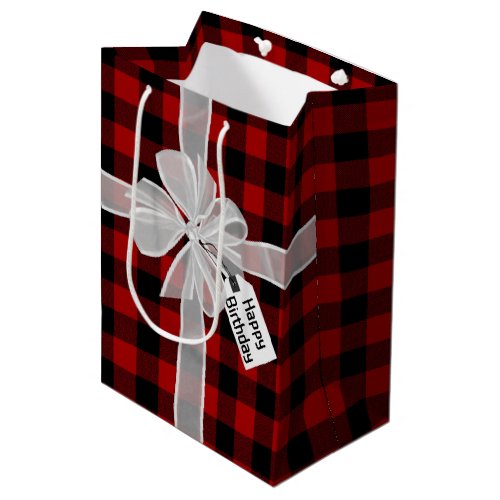 Happy Birthday Bow On Plaid Medium Gift Bag