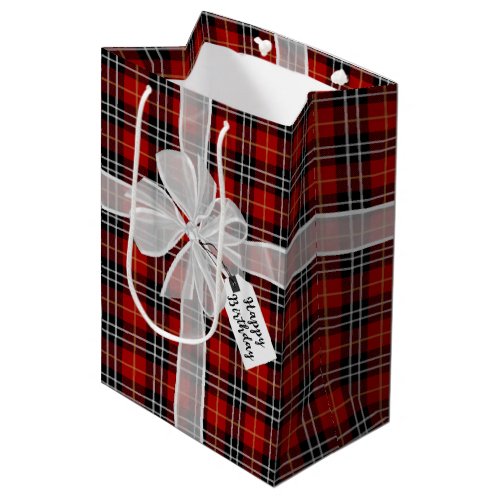 Happy Birthday Bow On Tartan Plaid  Medium Gift Bag