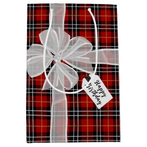 Happy Birthday Bow On Tartan Plaid   Medium Gift Bag