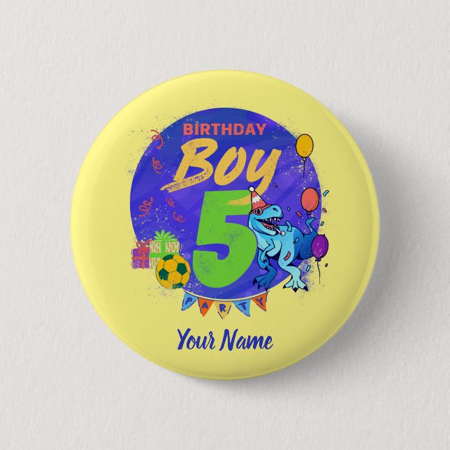 Happy Birthday Boy 5th fifth birthday dinosaur Button (Front)