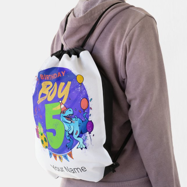 Happy Birthday Boy 5th Fifth Birthday Dinosaur Drawstring Bag (Insitu)