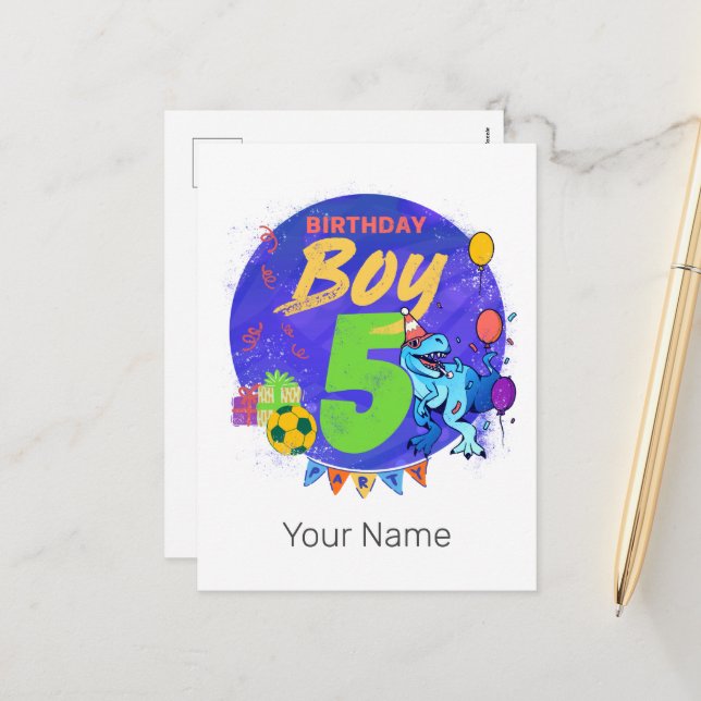 Happy Birthday Boy 5th Fifth Birthday Dinosaur Holiday Postcard (Front/Back In Situ)