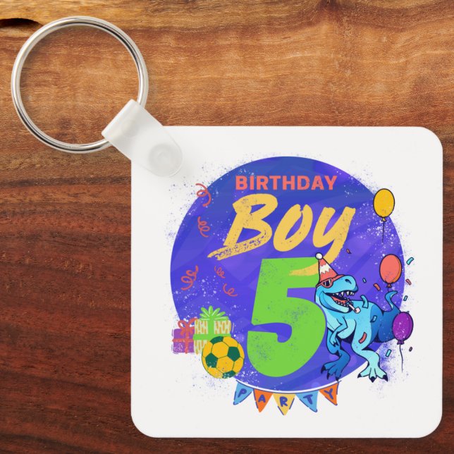 Happy Birthday Boy 5th Fifth Birthday Dinosaur Keychain (Front)