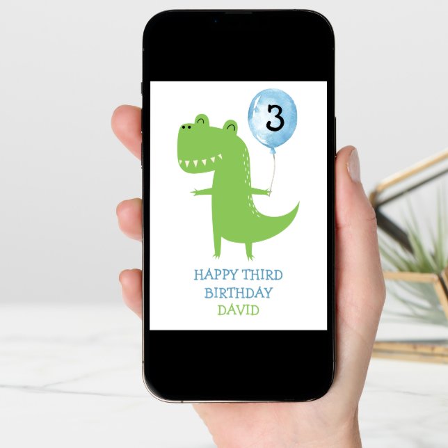 Happy Birthday Boy Dinosaur T-Rex Cute Balloon Card (Front Digital)