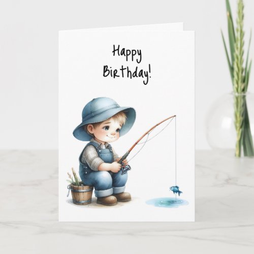 Happy Birthday Boy Fishing Pond Blue Hat Overalls Card