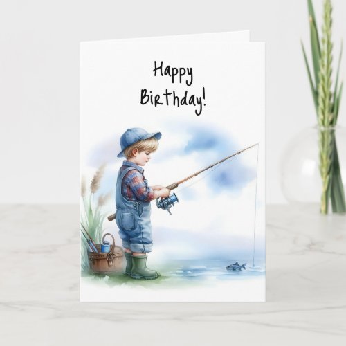 Happy Birthday Boy Fishing Pond Blue Hat Overalls Card