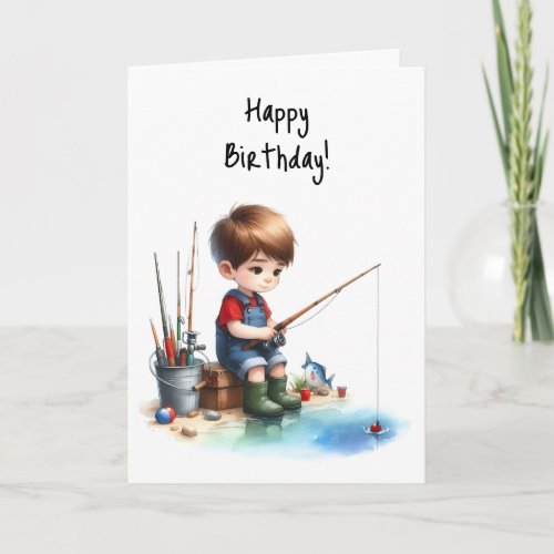 Happy Birthday Boy Fishing Pond Overalls Red Shirt Card