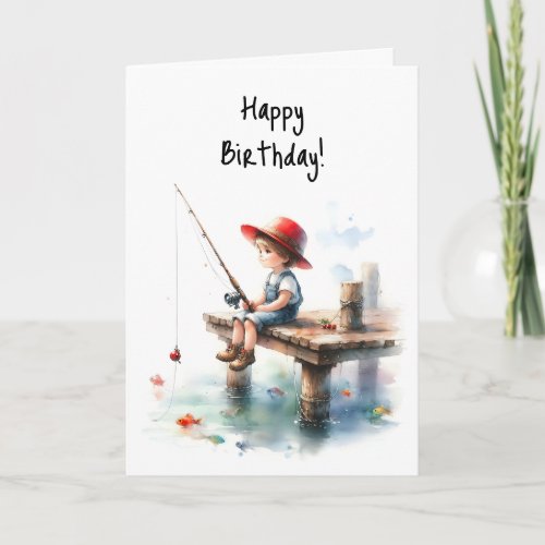 Happy Birthday Boy Fishing Pond Pier Red Hat Card