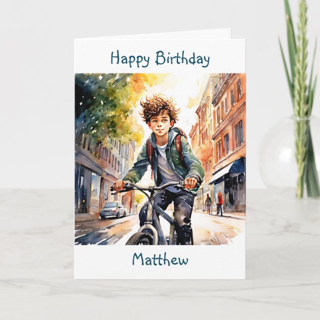 Happy Birthday | Boy on Bike in City Personalized Card (Front)