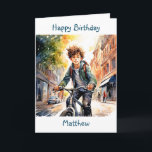 Happy Birthday | Boy on Bike in City Personalized Card<br><div class="desc">Cute personalized birthday card for a boy. Boy riding his bike down the city streets.</div>