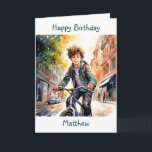 Happy Birthday | Boy on Bike in City Personalized Card<br><div class="desc">Cute personalized birthday card for a boy. Boy riding his bike down the city streets.</div>