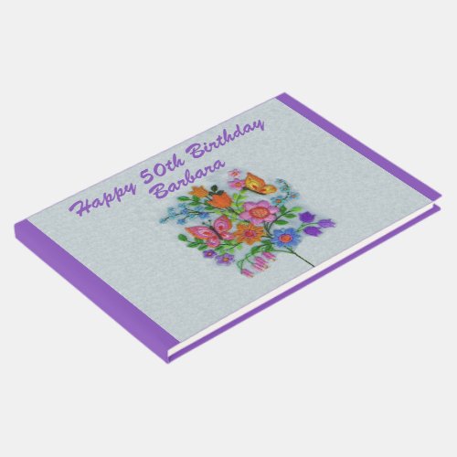 Happy Birthday Bright Flower Bouquet Butterflies Guest Book