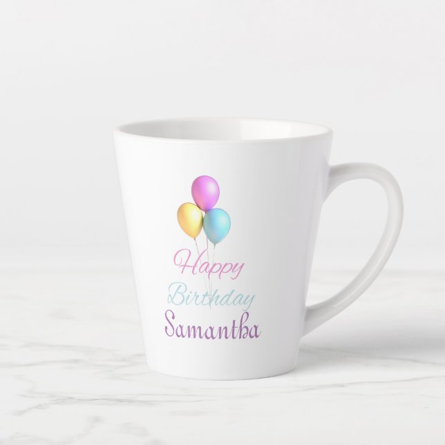 Happy Birthday Bright Font with Balloons Unisex Latte Mug (Right)