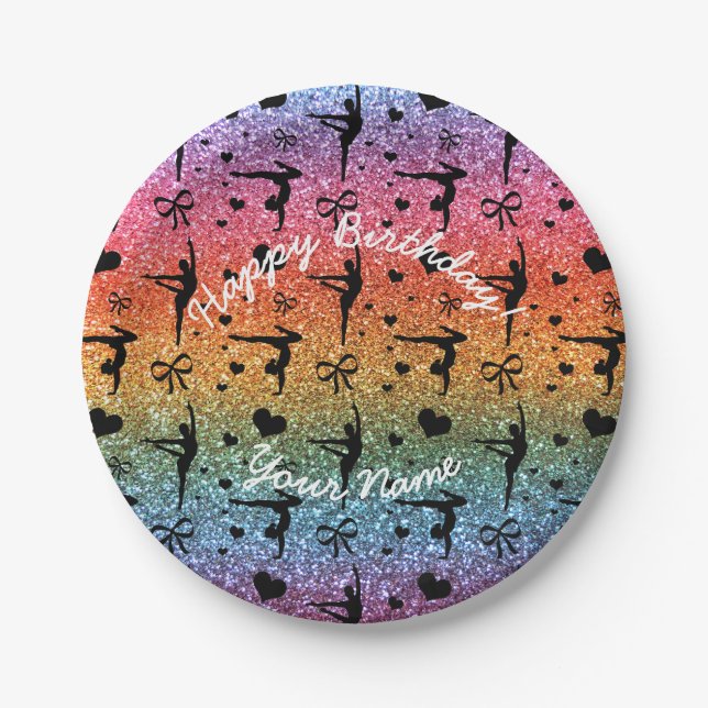 Happy Birthday bright rainbow glitter gymnastics Paper Plates (Front)