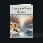 Happy Birthday Brother Deer Buck Card<br><div class="desc">This birthday card showcases a young buck deer gracefully drinking from a serene woodland stream. The scene is enhanced by bluffs and trees lining the waterbank, creating a tranquil nature setting, ideal for a special birthday. Personalize the title and inside greeting to make this card uniquely yours. Alternatively, you may...</div>