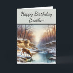Happy Birthday Brother Deer Buck Card<br><div class="desc">This birthday card showcases a young buck deer gracefully drinking from a serene woodland stream. The scene is enhanced by bluffs and trees lining the waterbank, creating a tranquil nature setting, ideal for a special birthday. Personalize the title and inside greeting to make this card uniquely yours. Alternatively, you may...</div>
