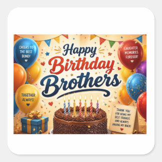 Happy Birthday Brothers Celebration Balloons Cake Square Sticker