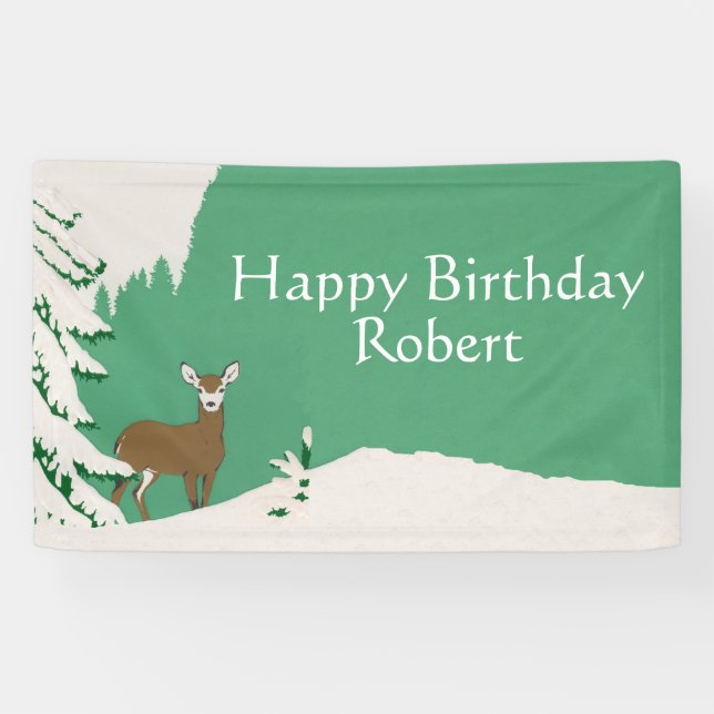 Happy Birthday Brown Doe Deer Pine Tree Snow Green Banner (Horizontal)