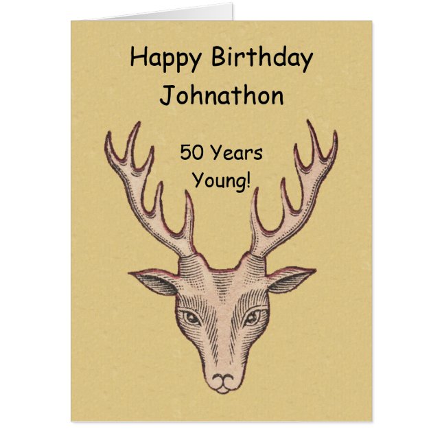 Happy Birthday Brown Male Deer Head Large Antlers Card (Front)