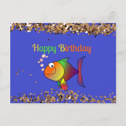 Happy Birthday Bubbles the Fish with Dusty Gold Postcard