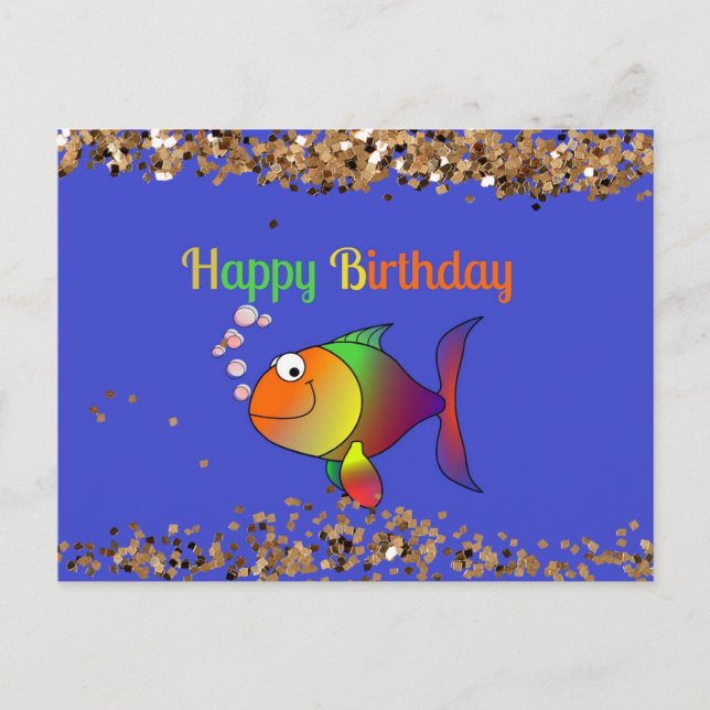Happy Birthday, Bubbles the Fish with Dusty Gold Postcard (Front)